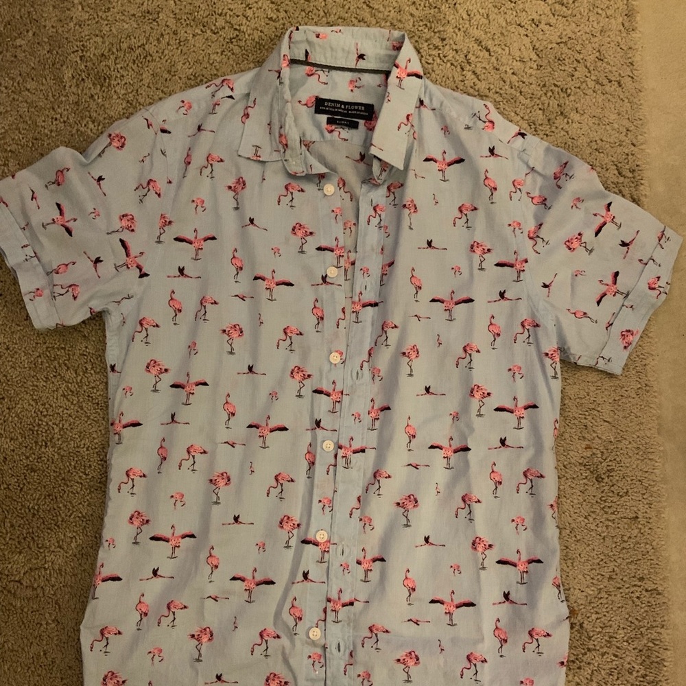 Flamingo Button Up Dress Shirt Denim and Flower